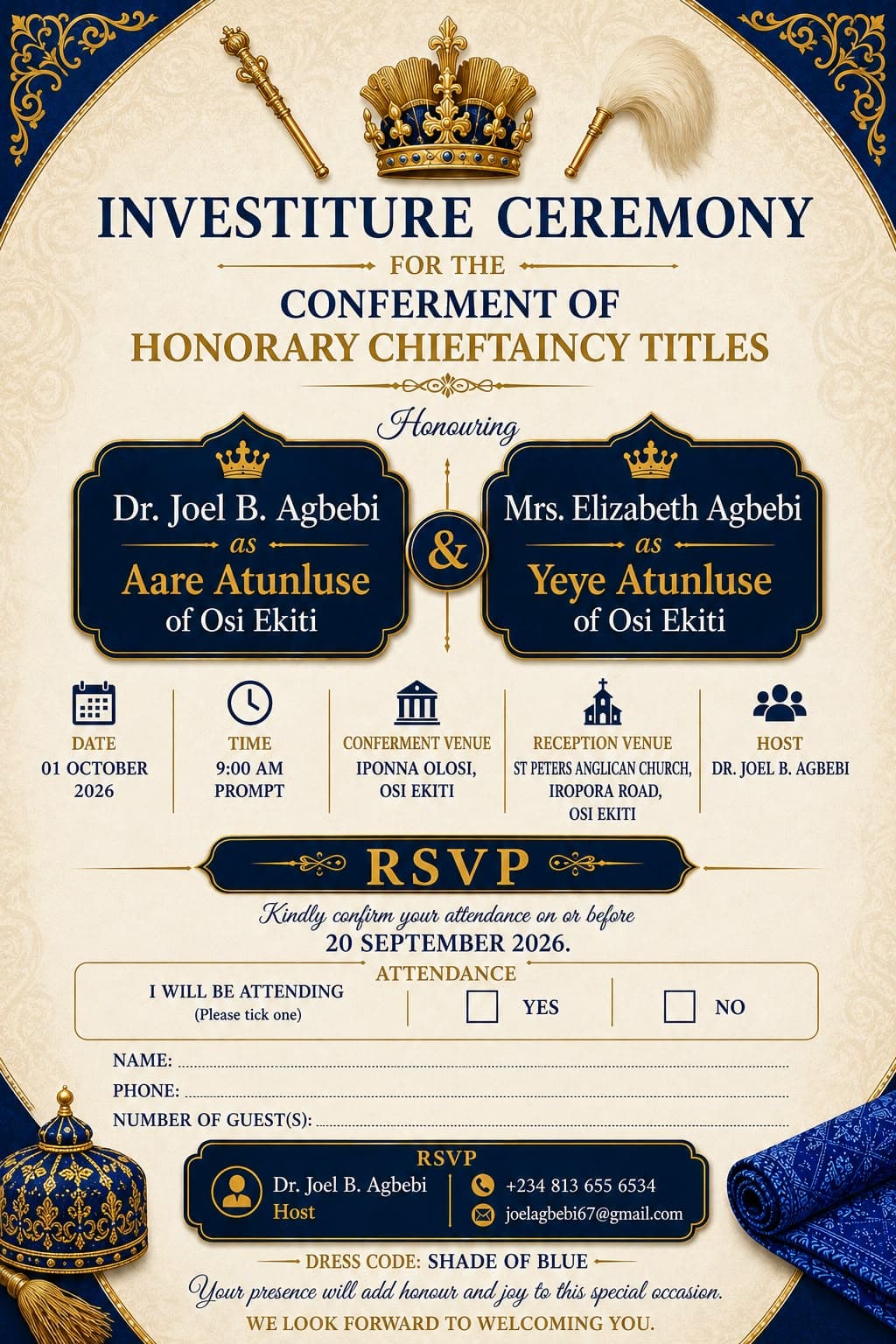 Invitation for the investiture ceremony of Dr. Joel B. Agbebi and Mrs. Elizabeth Agbebi